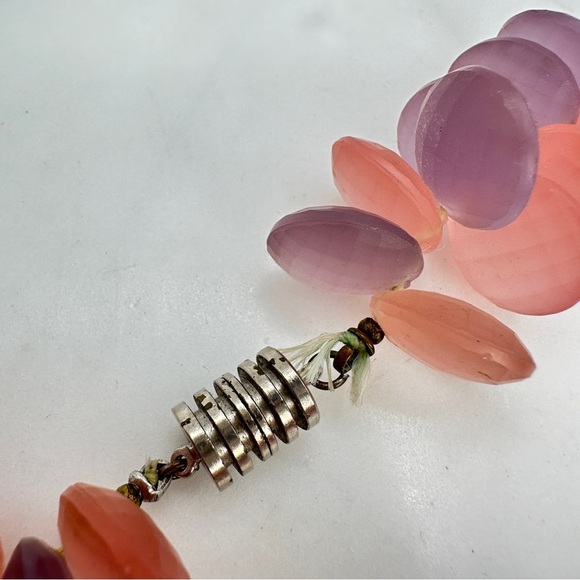 Artisan Frosted Glass Necklace Coral and Purple Faceted Beads Chunky Statement - Picture 5 of 13